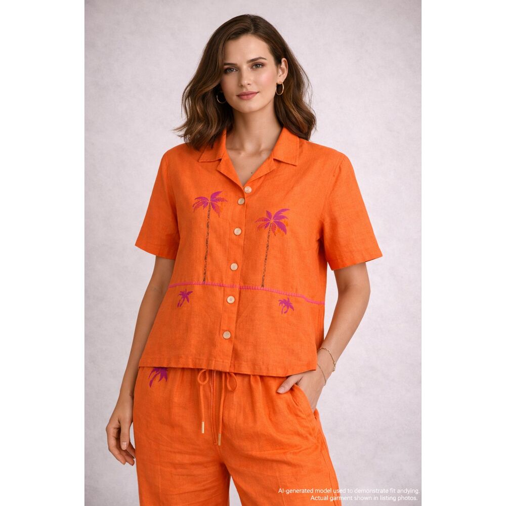 Vintage Erin London Linen Palm Tree Set Orange Tropical Resort Outfit XL L
